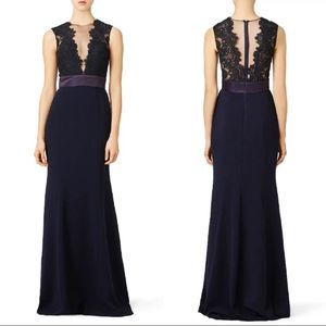 THEIA Blue Deep Midnight Sheath Sleeveless Gown Plunge Lace Embroidered